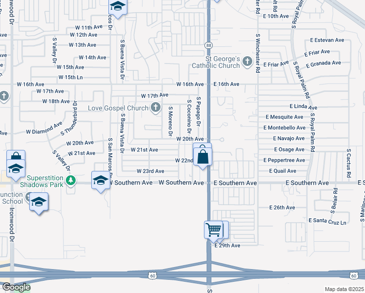 map of restaurants, bars, coffee shops, grocery stores, and more near 230 West 21st Avenue in Apache Junction
