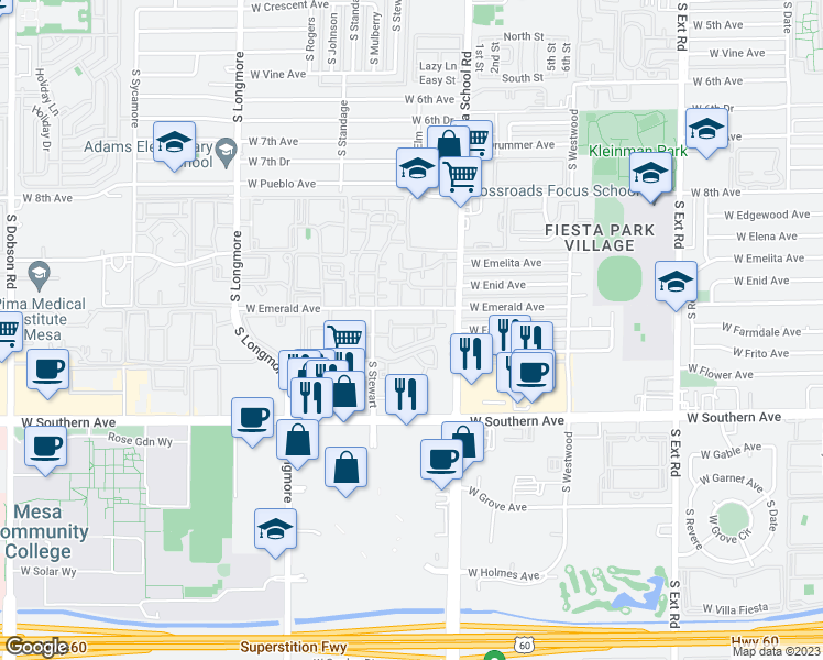 map of restaurants, bars, coffee shops, grocery stores, and more near 1031 South Stewart in Mesa