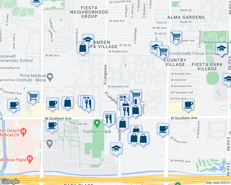 map of restaurants, bars, coffee shops, grocery stores, and more near 1033 South Longmore in Mesa