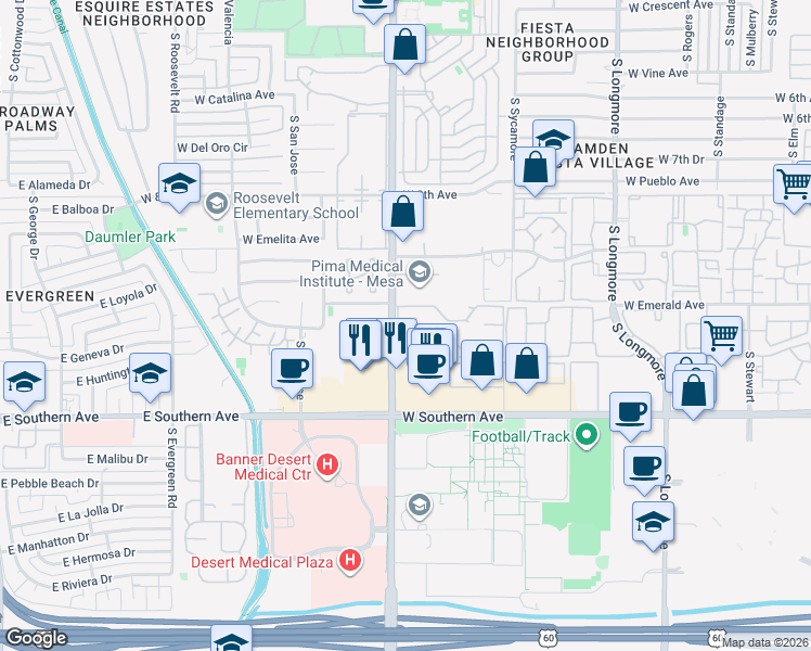 map of restaurants, bars, coffee shops, grocery stores, and more near 29 Continental Townhouses in Mesa
