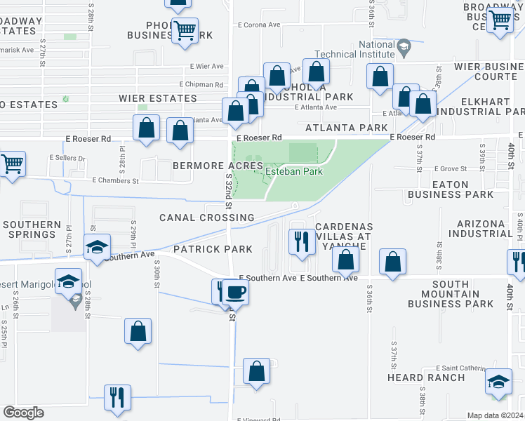 map of restaurants, bars, coffee shops, grocery stores, and more near 5611 South 32nd Street in Phoenix