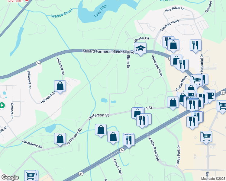 map of restaurants, bars, coffee shops, grocery stores, and more near 6 Lynn Circle in Newnan