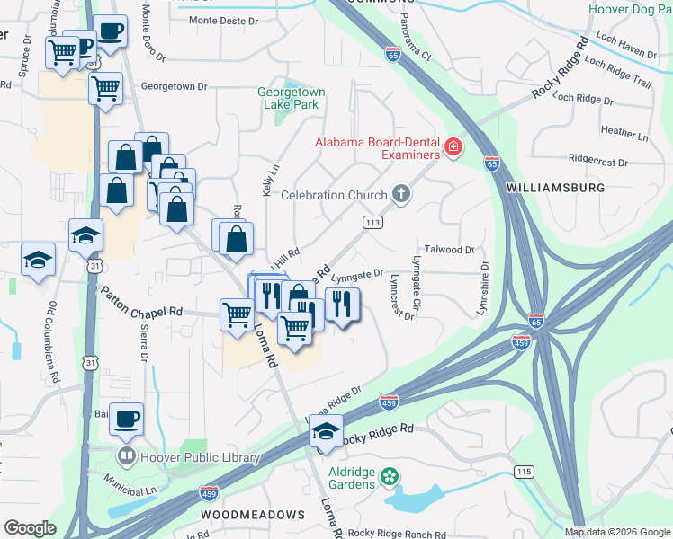 map of restaurants, bars, coffee shops, grocery stores, and more near 2104 Lynngate Drive in Birmingham