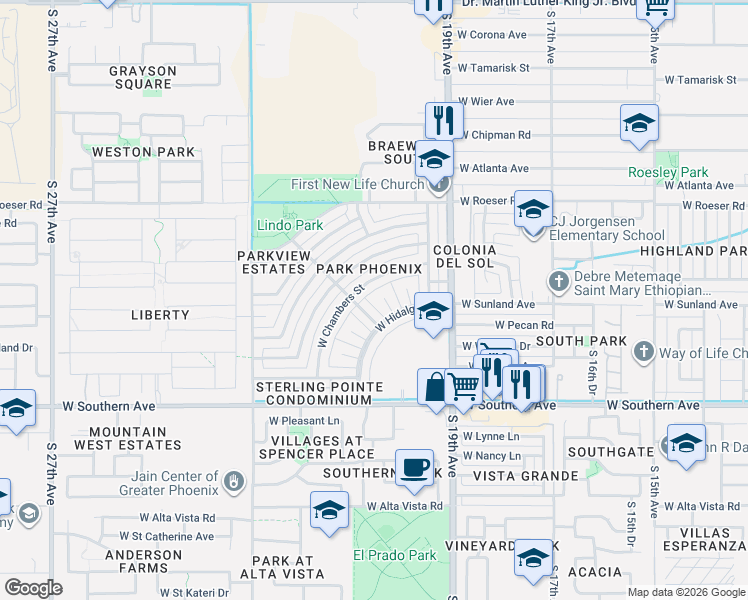 map of restaurants, bars, coffee shops, grocery stores, and more near 5610 South 20th Lane in Phoenix