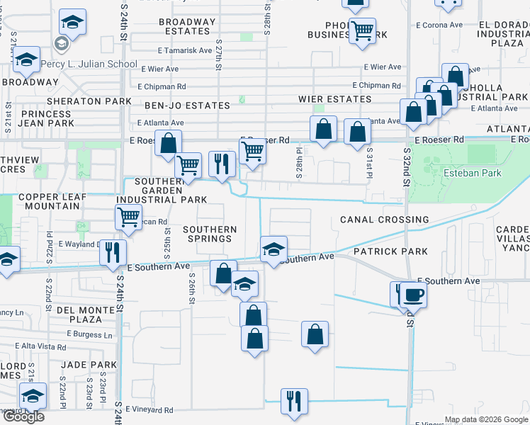 map of restaurants, bars, coffee shops, grocery stores, and more near 5614 South 28th Street in Phoenix