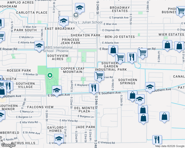 map of restaurants, bars, coffee shops, grocery stores, and more near 2347 East Sunland Avenue in Phoenix