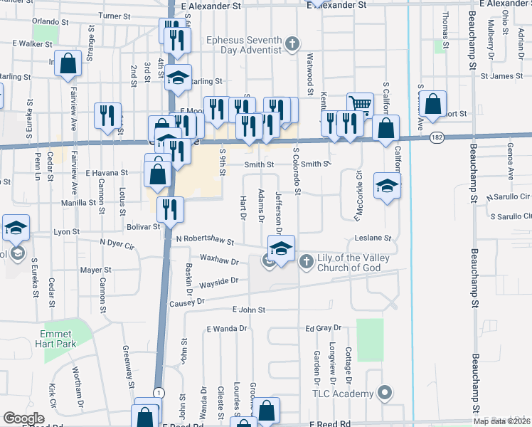 map of restaurants, bars, coffee shops, grocery stores, and more near 844 Adams Drive in Greenville