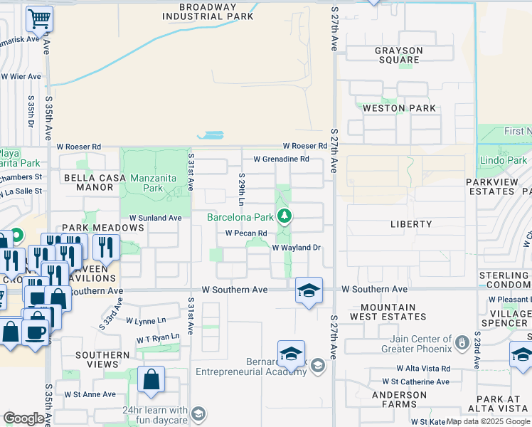 map of restaurants, bars, coffee shops, grocery stores, and more near 2830 W Sunland Ave in Phoenix