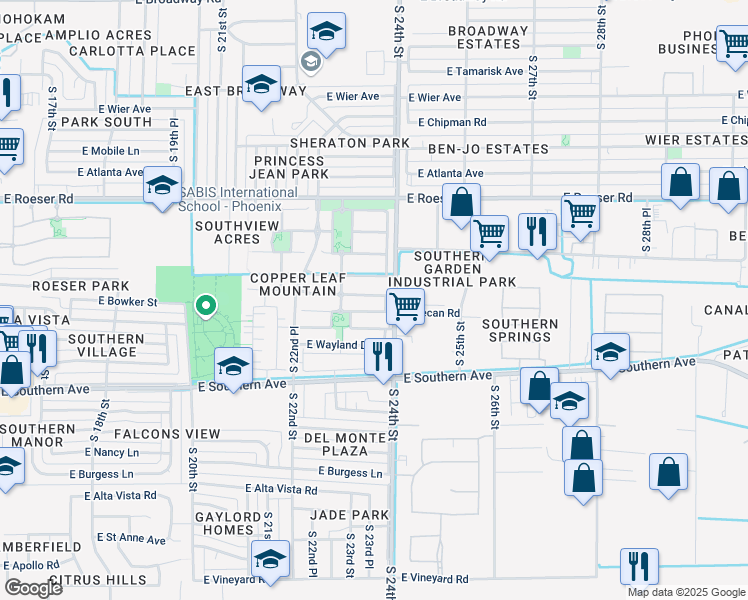 map of restaurants, bars, coffee shops, grocery stores, and more near 2347 East Sunland Avenue in Phoenix