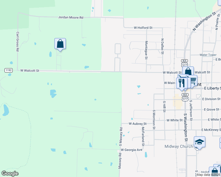 map of restaurants, bars, coffee shops, grocery stores, and more near 701 West Walcott Street in Pilot Point