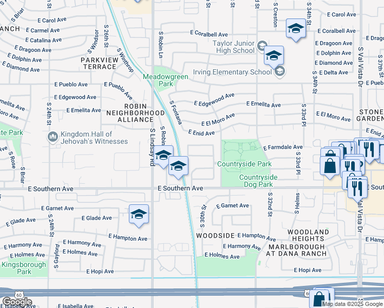 map of restaurants, bars, coffee shops, grocery stores, and more near 2932 East Fairview Avenue in Mesa