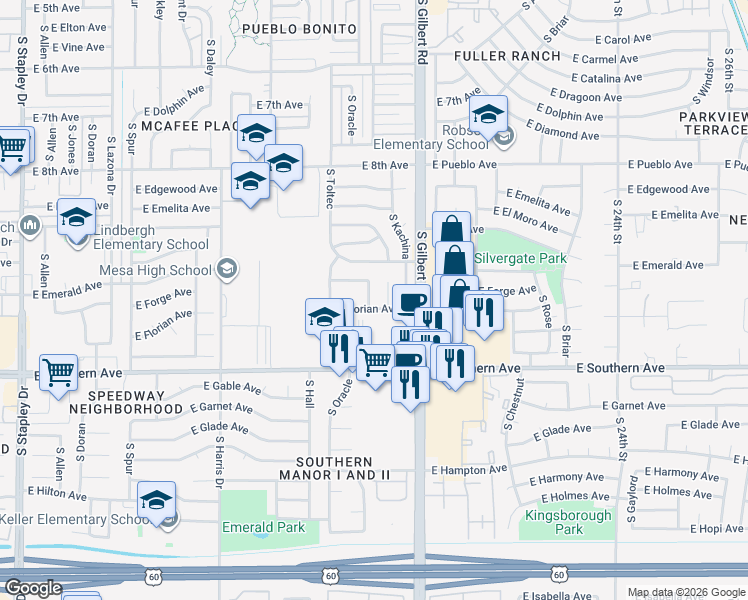 map of restaurants, bars, coffee shops, grocery stores, and more near 1864 East Farmdale Avenue in Mesa
