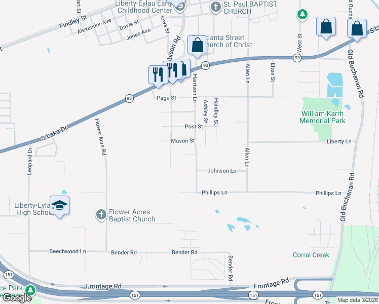 map of restaurants, bars, coffee shops, grocery stores, and more near 3004 Hollywood Street in Texarkana