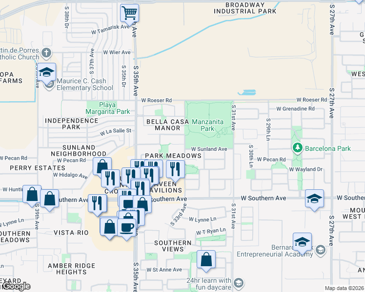 map of restaurants, bars, coffee shops, grocery stores, and more near 3307 West Sunland Court in Phoenix
