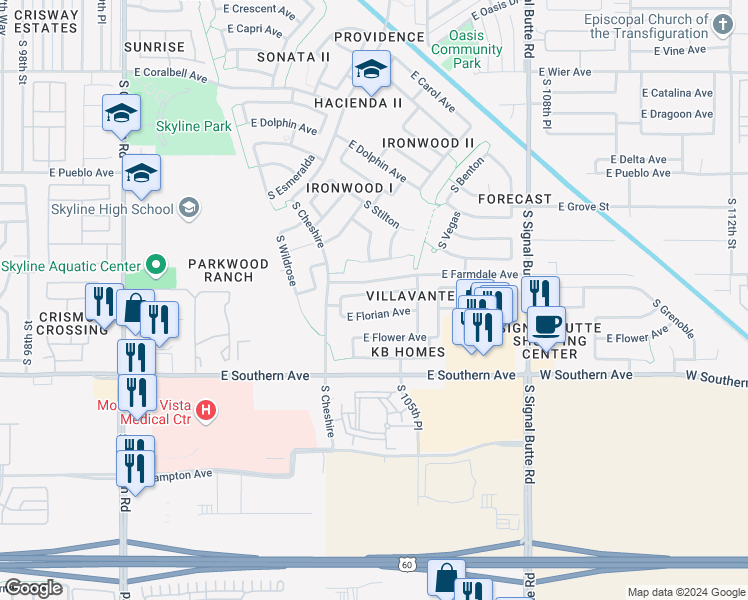 map of restaurants, bars, coffee shops, grocery stores, and more near 10465 East Forge Avenue in Mesa