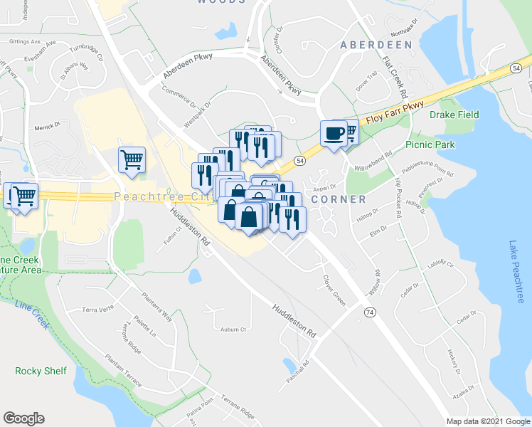 map of restaurants, bars, coffee shops, grocery stores, and more near 500 City Circle in Peachtree City