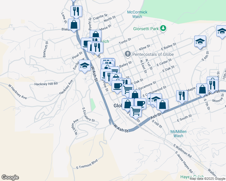 map of restaurants, bars, coffee shops, grocery stores, and more near 101 South Broad Street in Globe