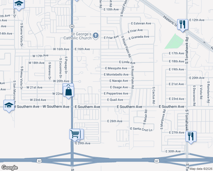 map of restaurants, bars, coffee shops, grocery stores, and more near 404 East Osage Avenue in Apache Junction
