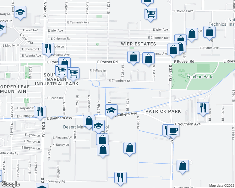 map of restaurants, bars, coffee shops, grocery stores, and more near 2835 East Sunland Avenue in Phoenix