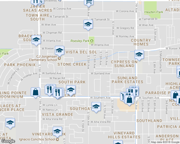 map of restaurants, bars, coffee shops, grocery stores, and more near 5449 South 15th Avenue in Phoenix