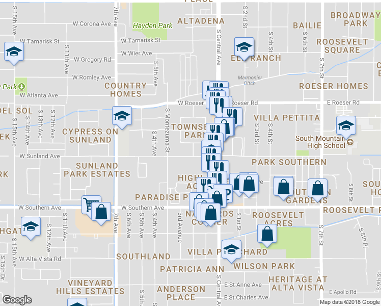 map of restaurants, bars, coffee shops, grocery stores, and more near 202 West Sunland Avenue in Phoenix