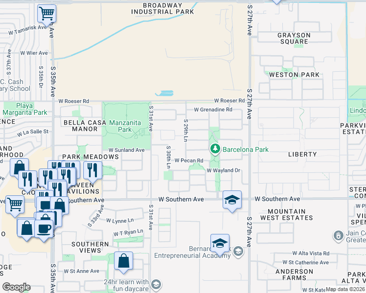 map of restaurants, bars, coffee shops, grocery stores, and more near 5518 South 29th Lane in Phoenix