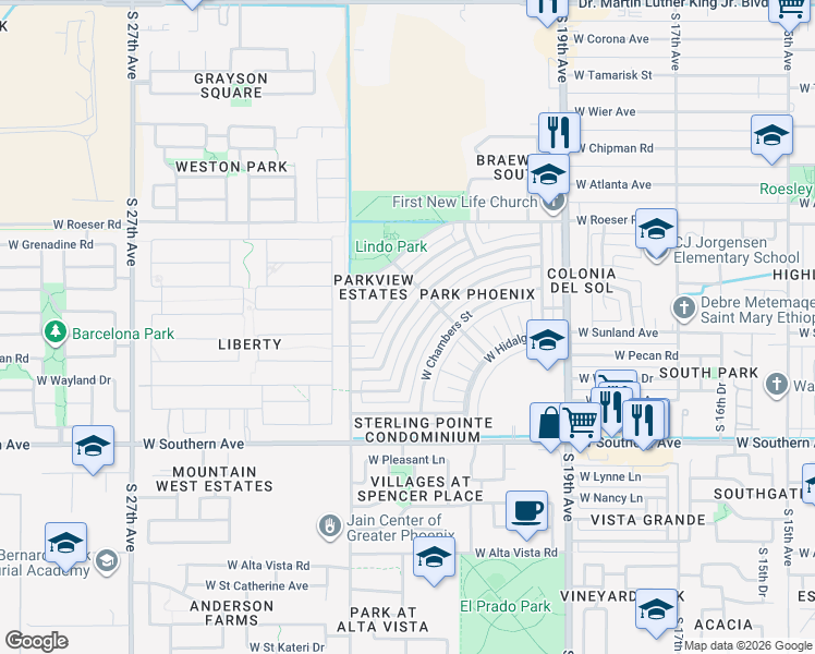 map of restaurants, bars, coffee shops, grocery stores, and more near 2229 West Pecan Road in Phoenix