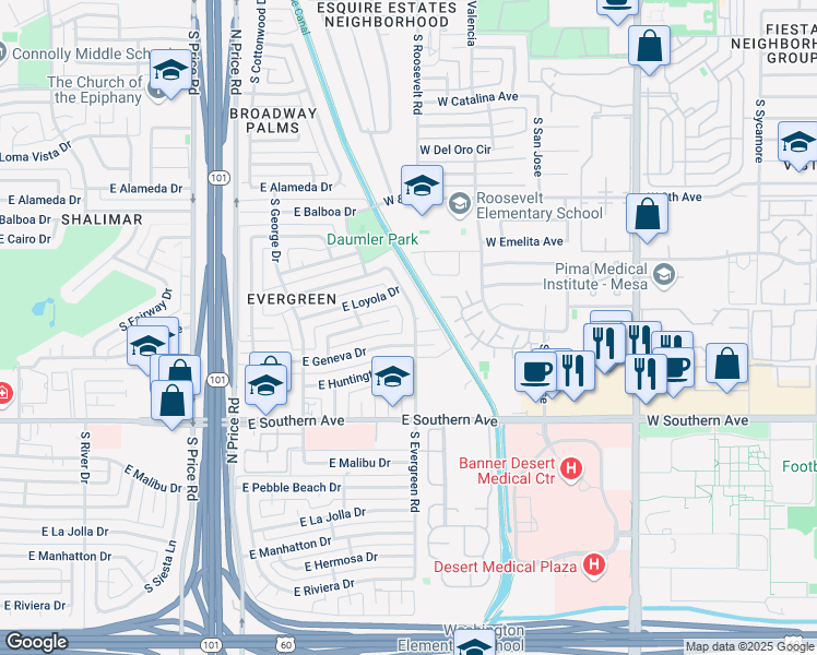 map of restaurants, bars, coffee shops, grocery stores, and more near 3140 South Evergreen Road in Tempe