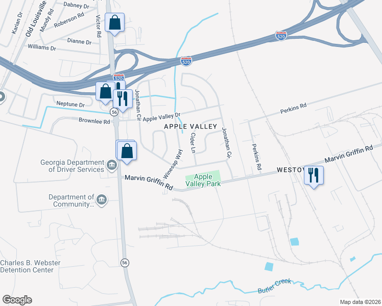 map of restaurants, bars, coffee shops, grocery stores, and more near 1645 Cider Lane in Augusta