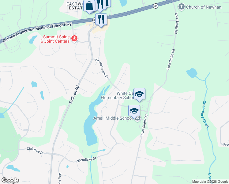 map of restaurants, bars, coffee shops, grocery stores, and more near 20 Southfield Drive in Newnan