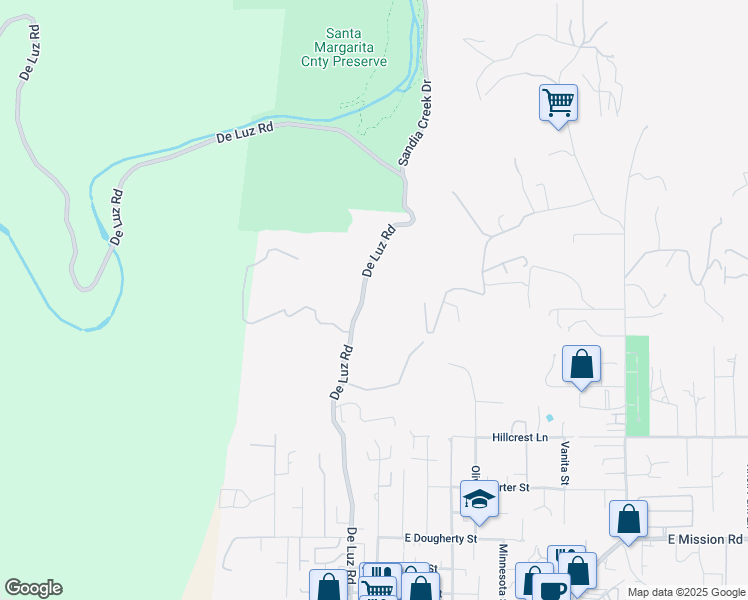 map of restaurants, bars, coffee shops, grocery stores, and more near 1361 De Luz Road in Fallbrook