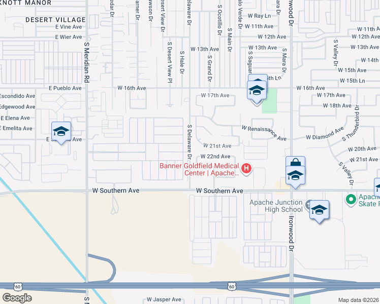map of restaurants, bars, coffee shops, grocery stores, and more near 1716 South Delaware Drive in Apache Junction