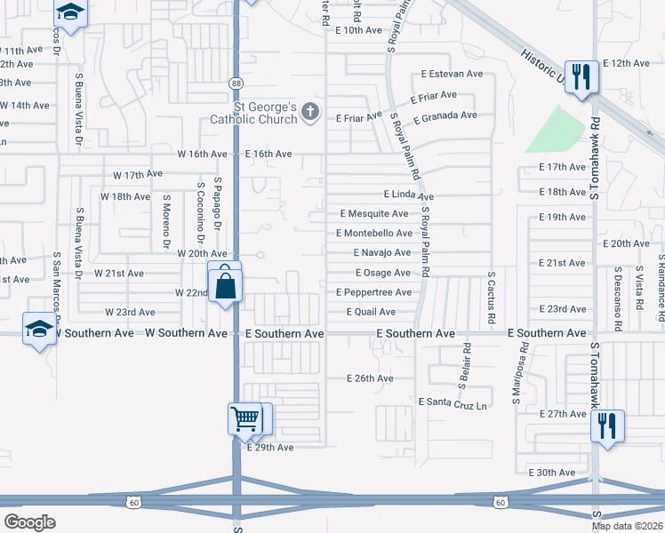 map of restaurants, bars, coffee shops, grocery stores, and more near 404 East Osage Avenue in Apache Junction