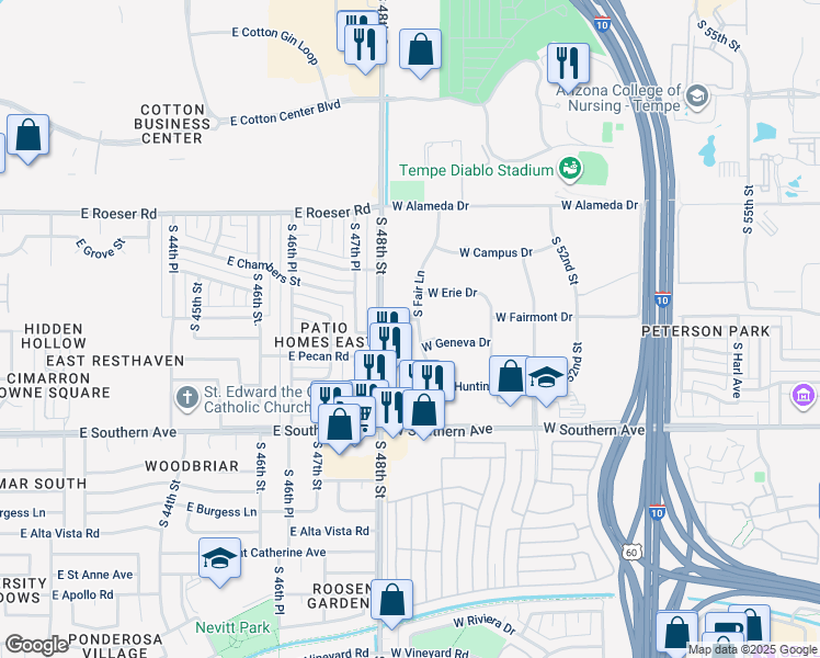 map of restaurants, bars, coffee shops, grocery stores, and more near 3003 S Fair Ln in Tempe