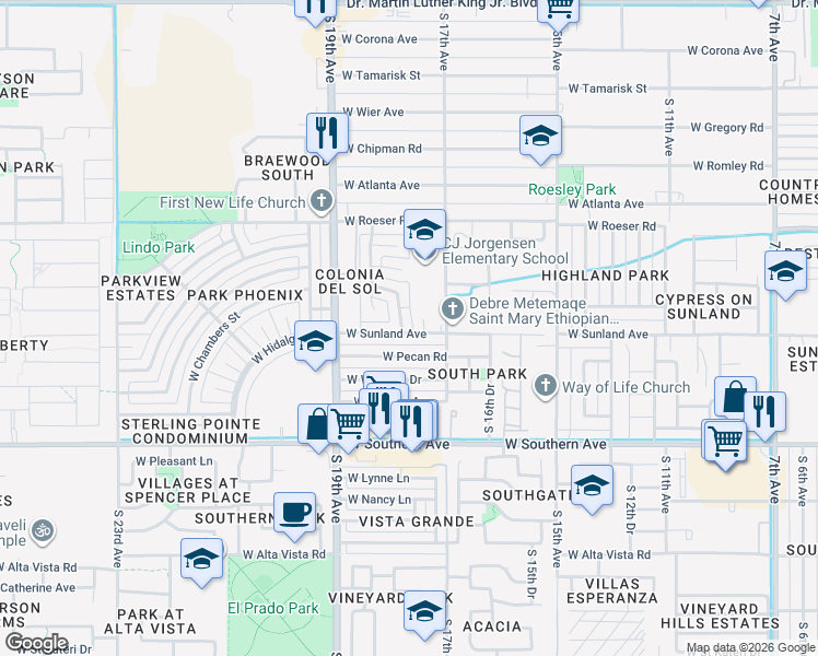 map of restaurants, bars, coffee shops, grocery stores, and more near 5453 South 17th Lane in Phoenix