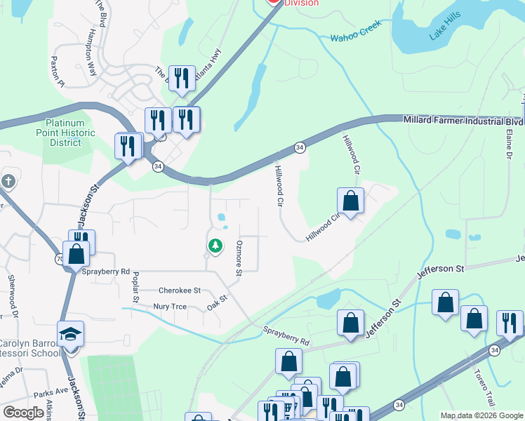 map of restaurants, bars, coffee shops, grocery stores, and more near 25 Martin Street in Newnan