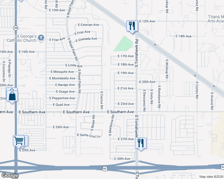 map of restaurants, bars, coffee shops, grocery stores, and more near 2104 South Mariposa Road in Apache Junction