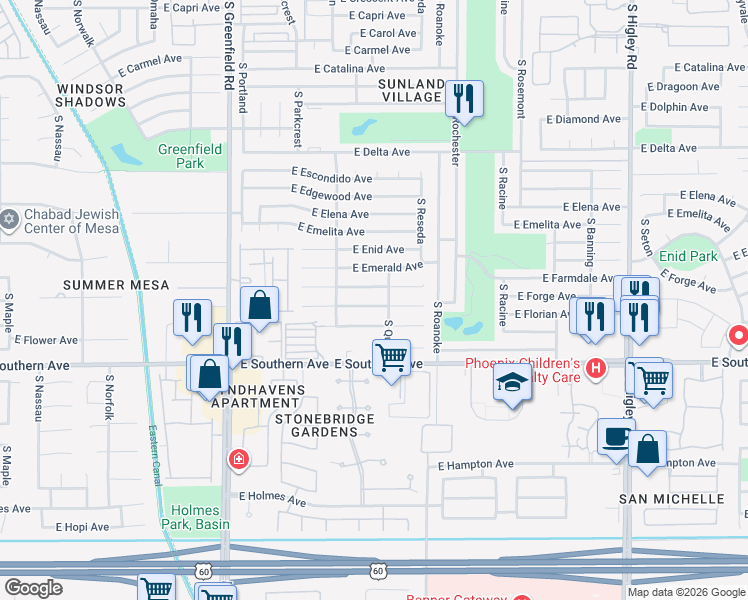 map of restaurants, bars, coffee shops, grocery stores, and more near 4642 East Florian Avenue in Mesa