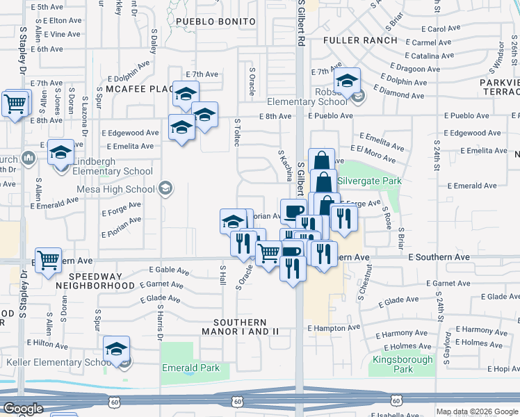 map of restaurants, bars, coffee shops, grocery stores, and more near 1864 East Farmdale Avenue in Mesa