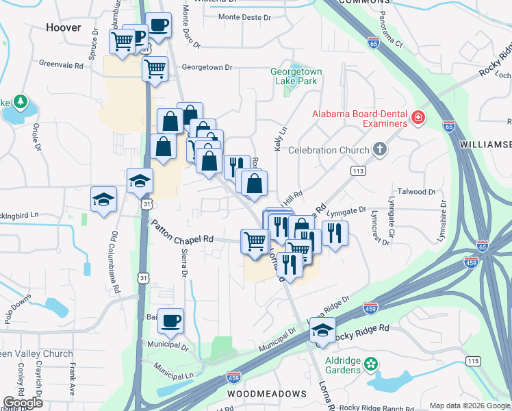 map of restaurants, bars, coffee shops, grocery stores, and more near 3249 Lorna Road in Birmingham