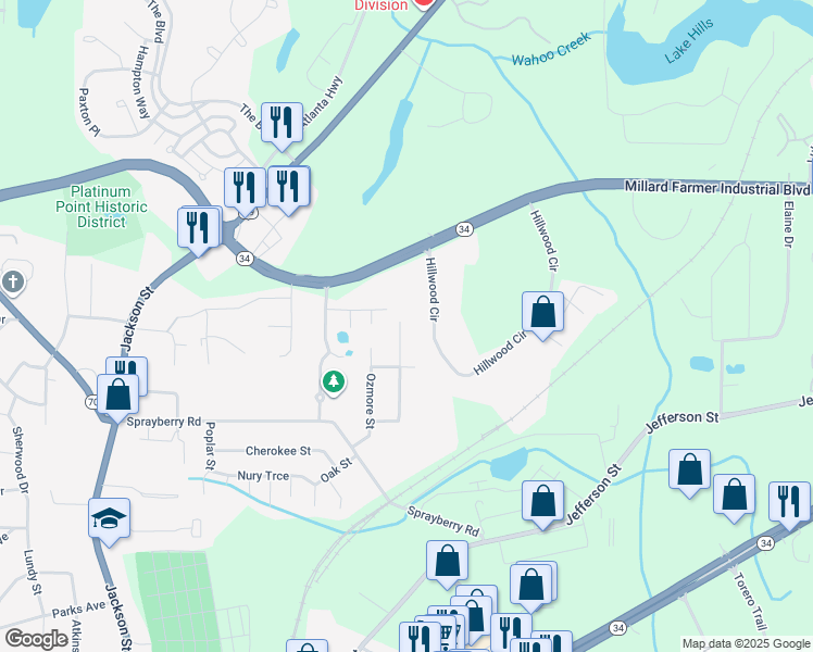 map of restaurants, bars, coffee shops, grocery stores, and more near 25 Martin Street in Newnan