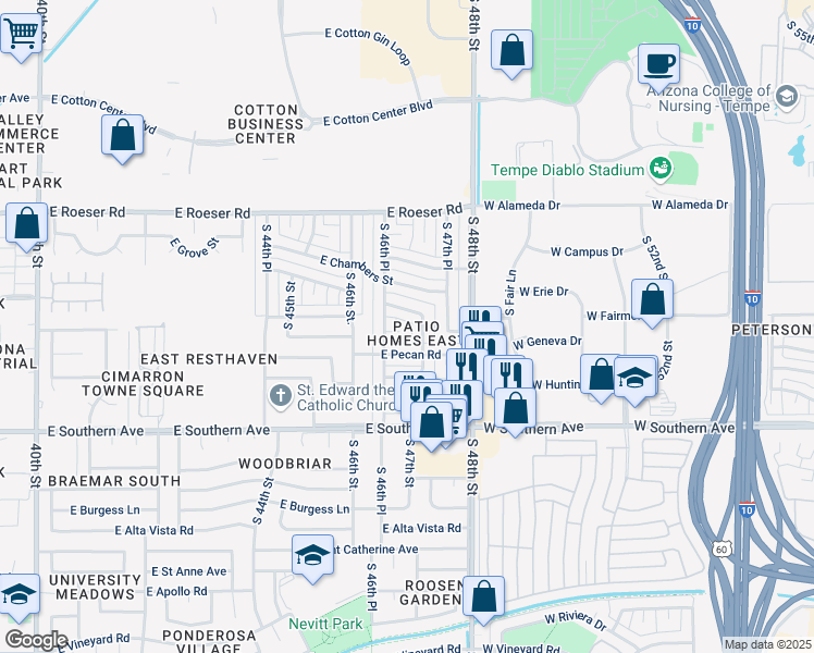 map of restaurants, bars, coffee shops, grocery stores, and more near 4646 East Sunland Avenue in Phoenix