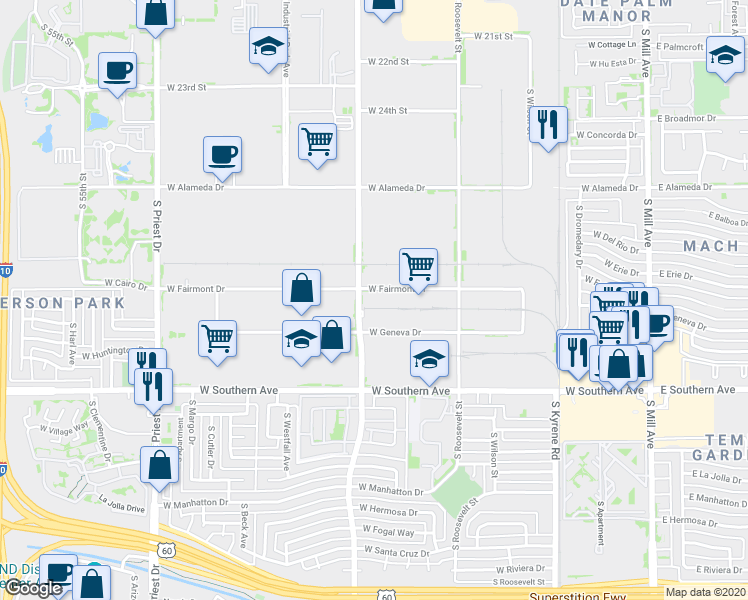 map of restaurants, bars, coffee shops, grocery stores, and more near 841 West Fairmont Drive in Tempe