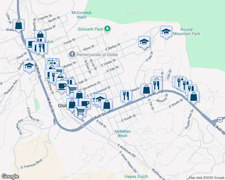 map of restaurants, bars, coffee shops, grocery stores, and more near 355 South 2nd Street in Globe