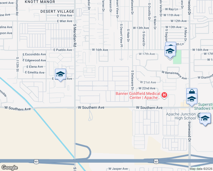 map of restaurants, bars, coffee shops, grocery stores, and more near 2101 South Meridian Road in Apache Junction