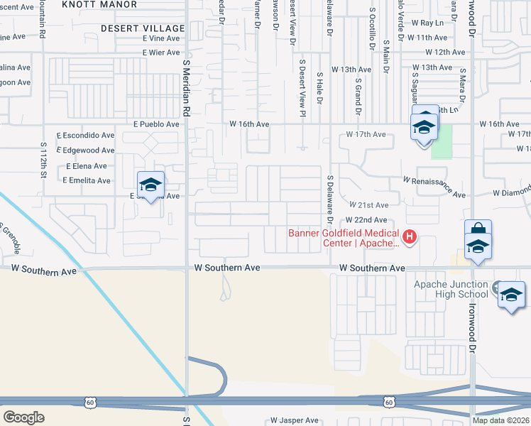 map of restaurants, bars, coffee shops, grocery stores, and more near 2101 South Meridian Road in Apache Junction