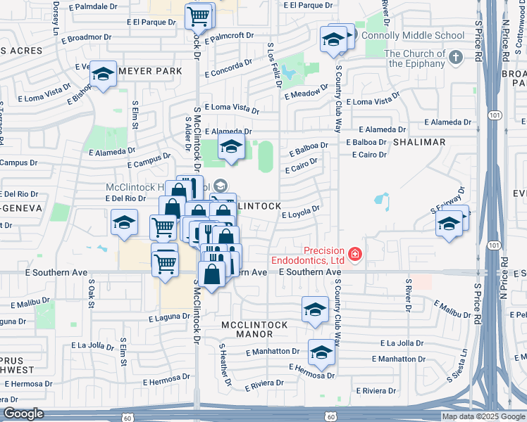 map of restaurants, bars, coffee shops, grocery stores, and more near 1881 East Del Rio Drive in Tempe