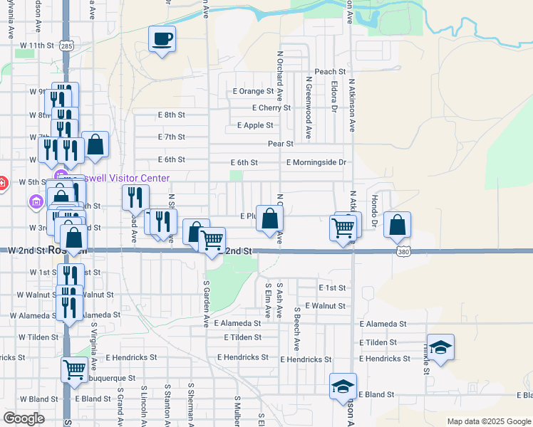 map of restaurants, bars, coffee shops, grocery stores, and more near 401 Elm Avenue in Roswell