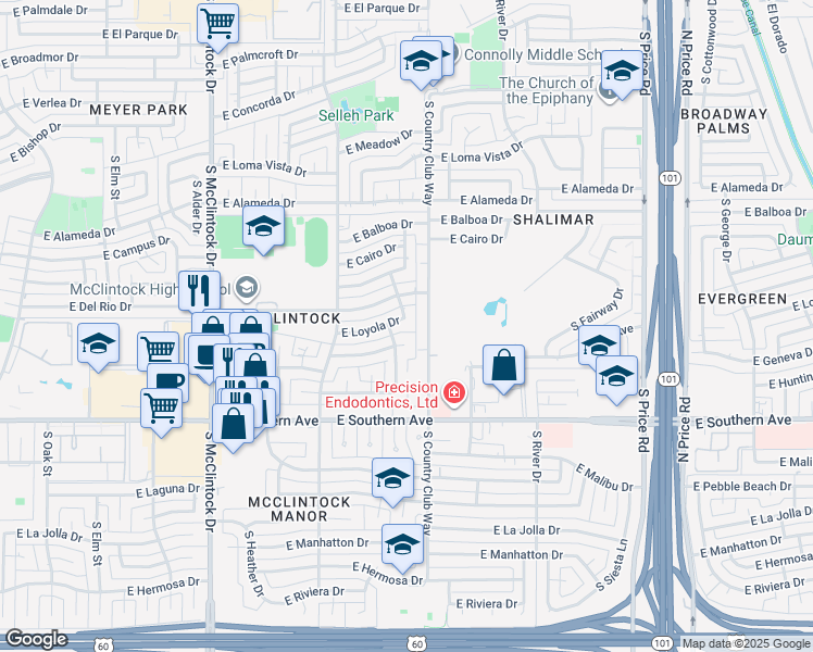 map of restaurants, bars, coffee shops, grocery stores, and more near 1971 East Loyola Drive in Tempe