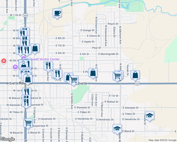 map of restaurants, bars, coffee shops, grocery stores, and more near 401 Elm Avenue in Roswell